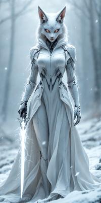 The primary subject of the image is a woman dressed in a white gown, holding a sword. She is standing in a snowy forest, surrounded by trees. The visual style of the image is digital art, with the woman's outfit and the snowy environment being depicted in a detailed and realistic manner. The colors in the image are predominantly white, which gives the scene a cold and serene atmosphere.